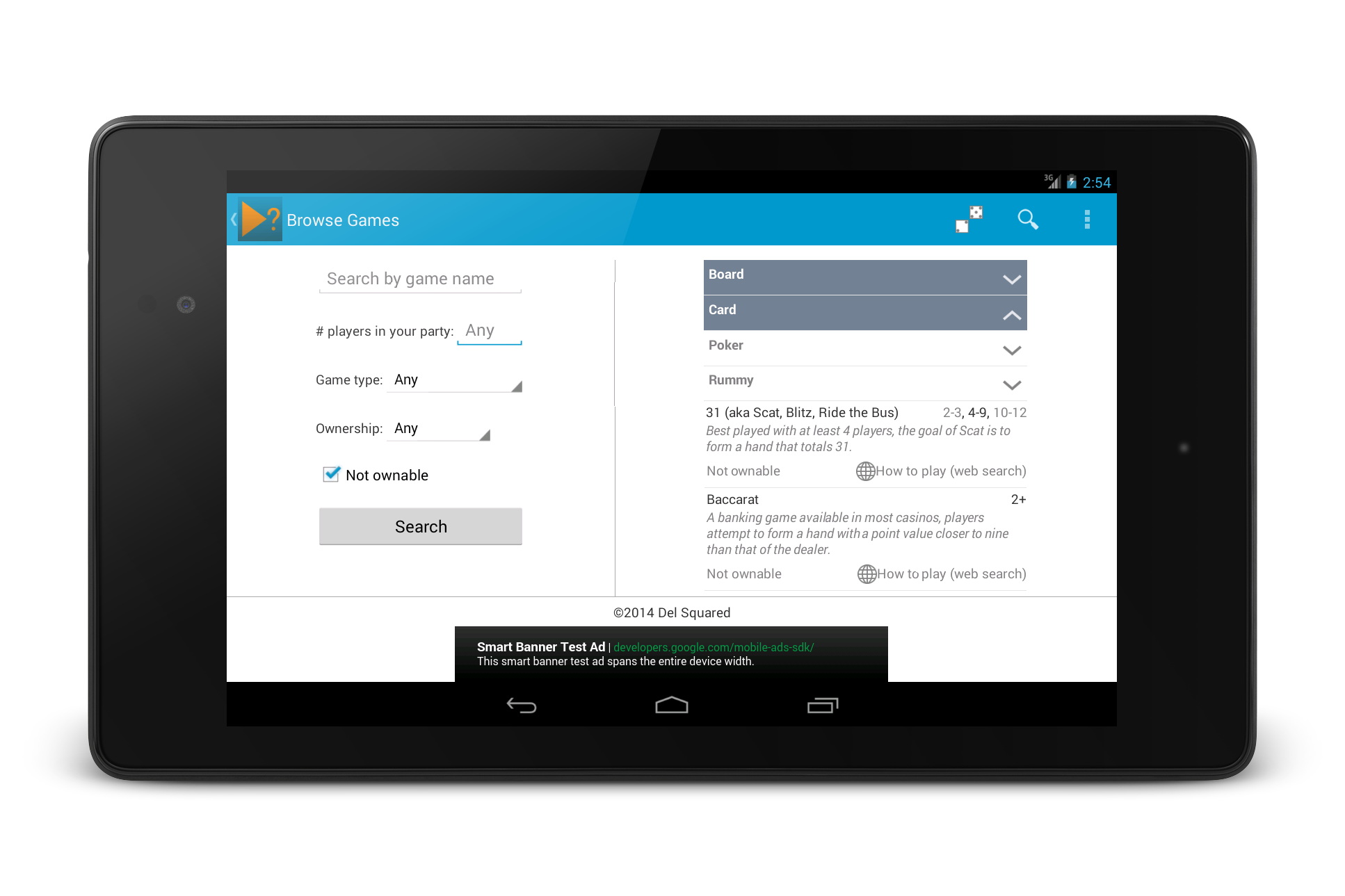 Browse games screen on 7 inch tablet in landscape orientation